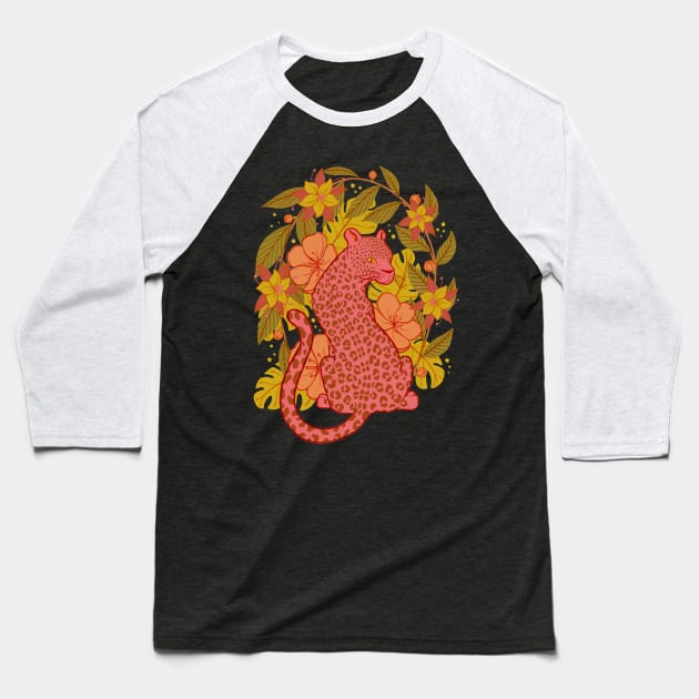 Coral Tropical Jaguar Baseball T-Shirt by Carabara Designs